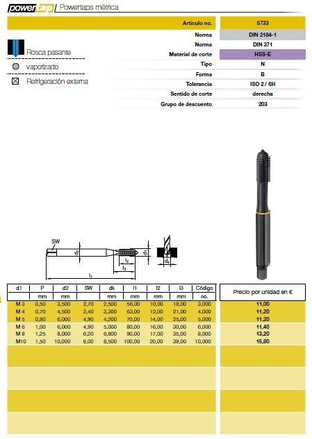 NR 5733 M-6X1.00 6H MACHO MAQUINA PASANTE DIN-371 POWER TAP