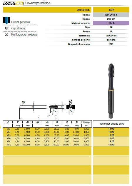 NR 5733 M-10X1.50 6H MACHO MAQUINA PASANTE DIN-371 POWER TAP